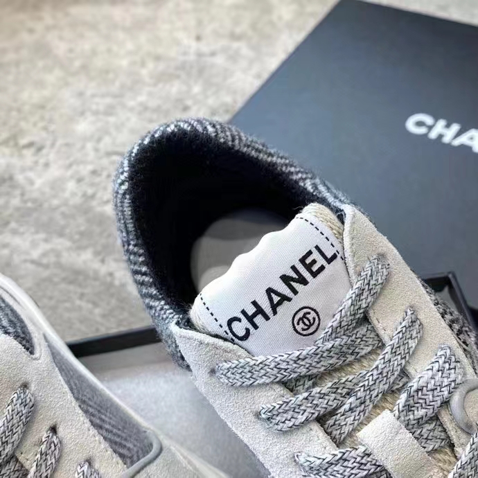 Chanel Women CC Sneakers Fabric & Suede Calfskin Ivory Light Gray