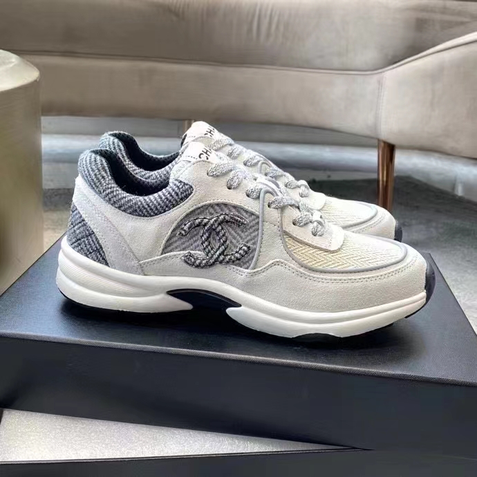 Chanel Women CC Sneakers Fabric & Suede Calfskin Ivory Light Gray