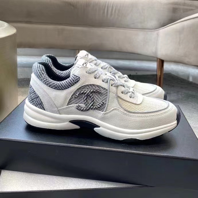 Chanel Women CC Sneakers Fabric & Suede Calfskin Ivory Light Gray & White 1  Cm Heel - LULUX