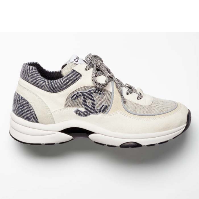 Chanel Women CC Sneakers Fabric & Suede Calfskin Ivory Light Gray & White 1 Cm Heel