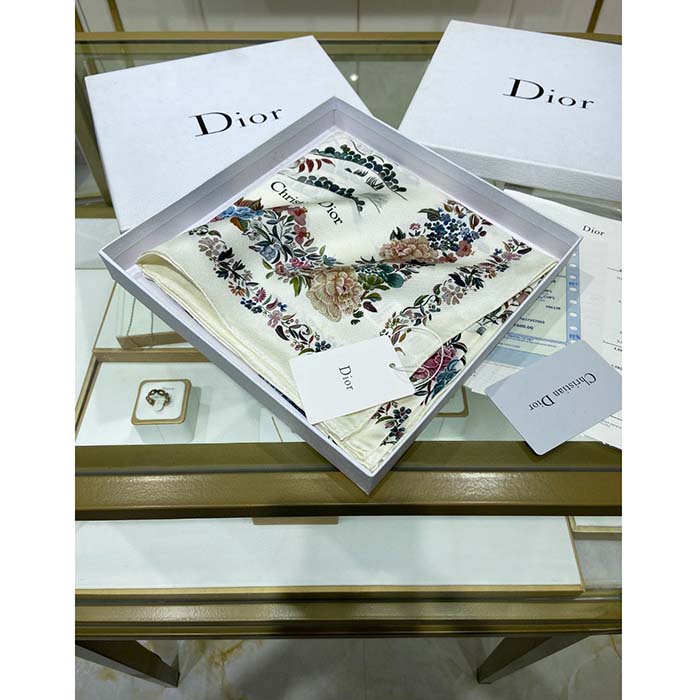 Dior CD Women Jardin D’Hiver 90 Square Scarf White Multicolor Silk Twill (3)