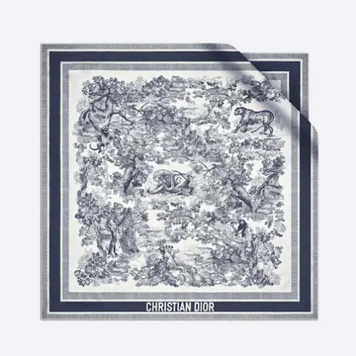 Dior CD Women Toile De Jouy Sauvage Square 90 Scarf Ivory Navy Blue Silk Twill