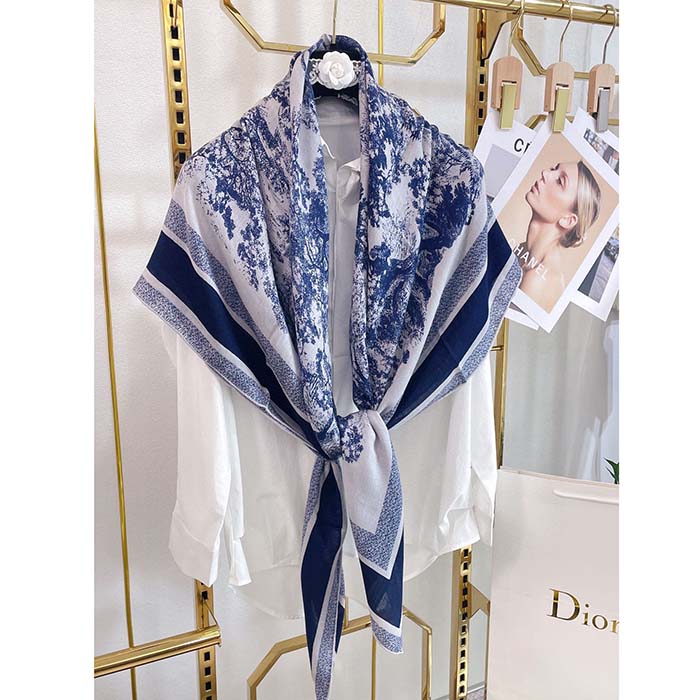 Dior CD Women Toile De Jouy Sauvage Square 90 Scarf Ivory Navy Blue Silk Twill (2)
