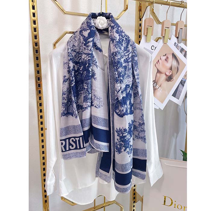 Dior CD Women Toile De Jouy Sauvage Square 90 Scarf Ivory Navy Blue Silk Twill (3)