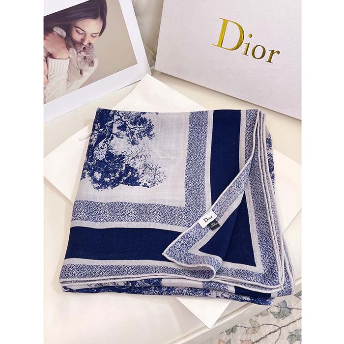Dior CD Women Toile De Jouy Sauvage Square 90 Scarf Ivory Navy Blue Silk Twill (7)
