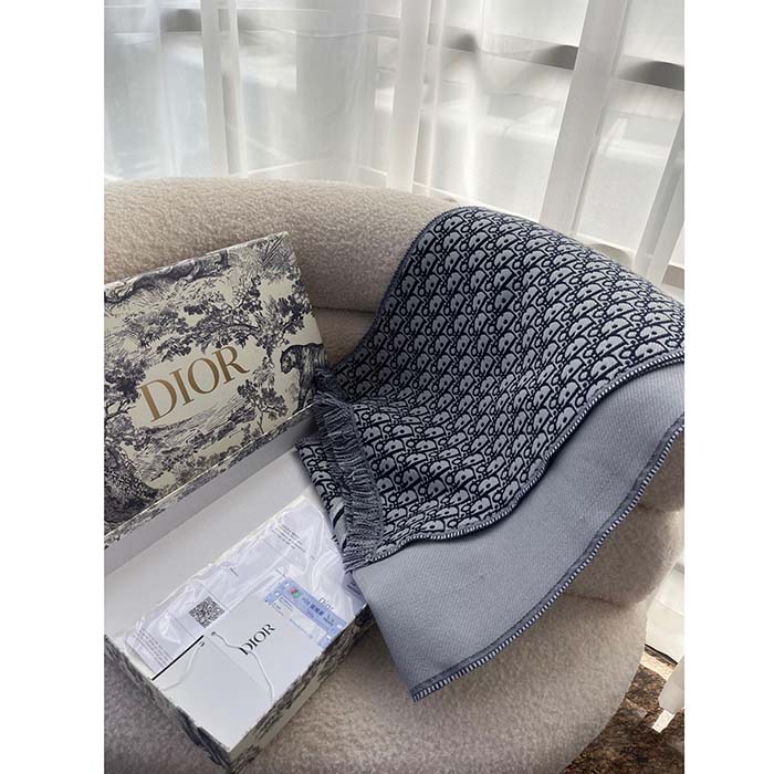 Dior Unisex CD Oblique Scarf Black Gray Wool Fringed Edging Wool (10)