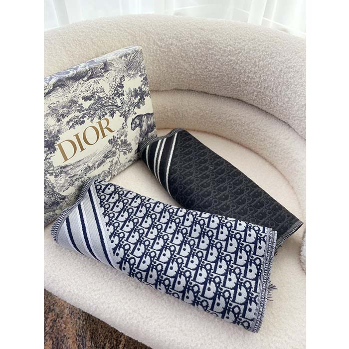 Dior Unisex CD Oblique Scarf Black Gray Wool Fringed Edging Wool (3)