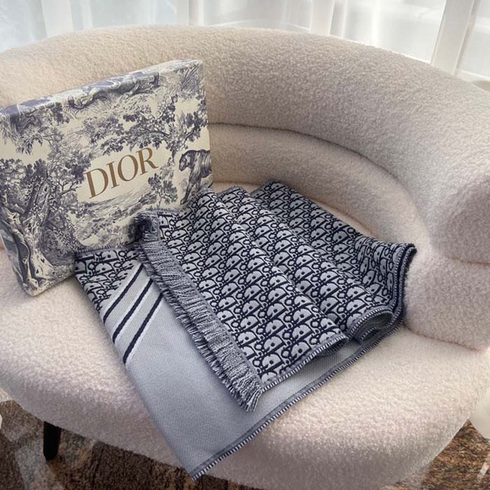 Dior Unisex CD Oblique Scarf Black Gray Wool Fringed Edging Wool (4)