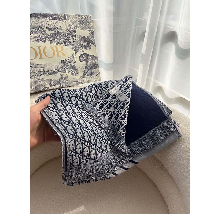 Dior Unisex CD Oblique Scarf Black Gray Wool Fringed Edging Wool (5)