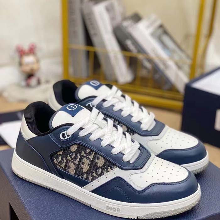 Dior Unisex Shoes CD B27 Low-Top Sneaker Blue Cream Gray Smooth Calfskin Oblique Jacquard (10)