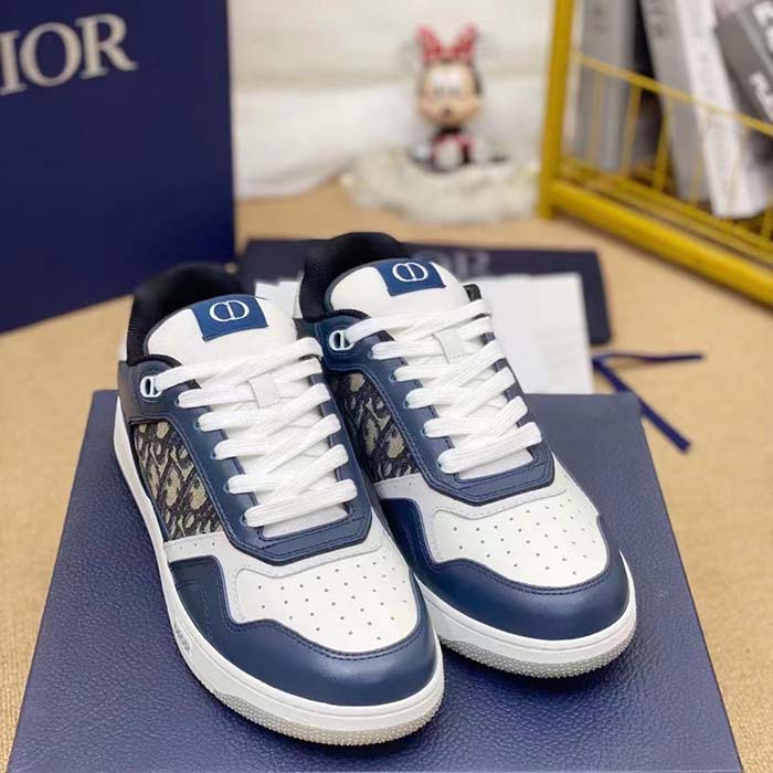 Dior Unisex Shoes CD B27 Low-Top Sneaker Blue Cream Gray Smooth Calfskin Oblique Jacquard