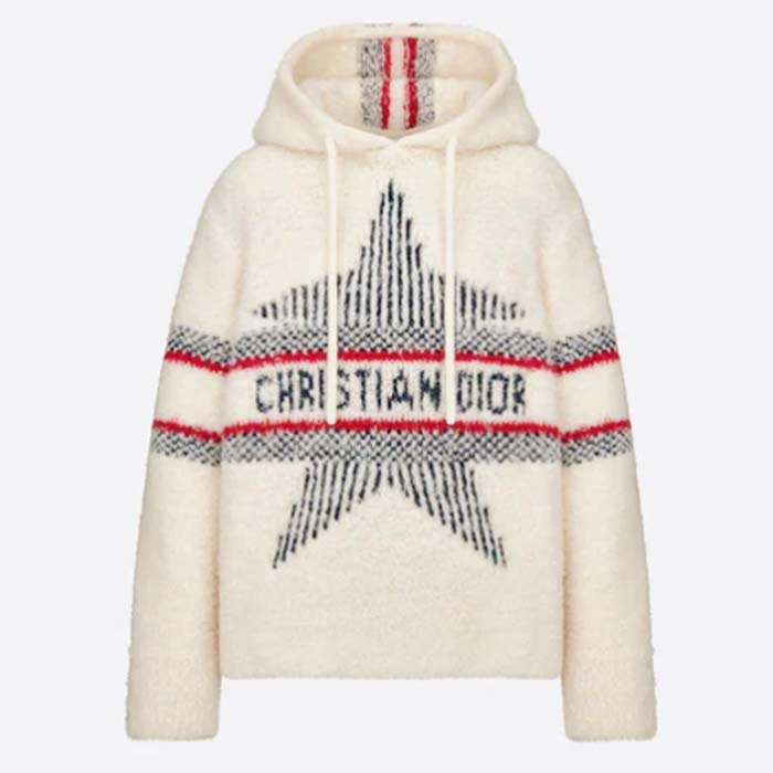 Dior Women CD DiorAlps Hooded Sweater Ecru Technical Wool Textured Knit Star