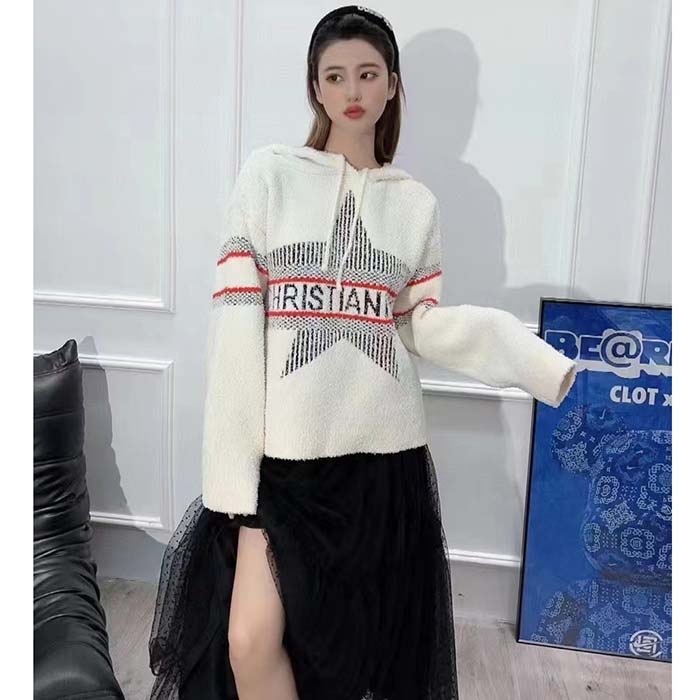 Dior Women CD DiorAlps Hooded Sweater Ecru Technical Wool Textured Knit Star