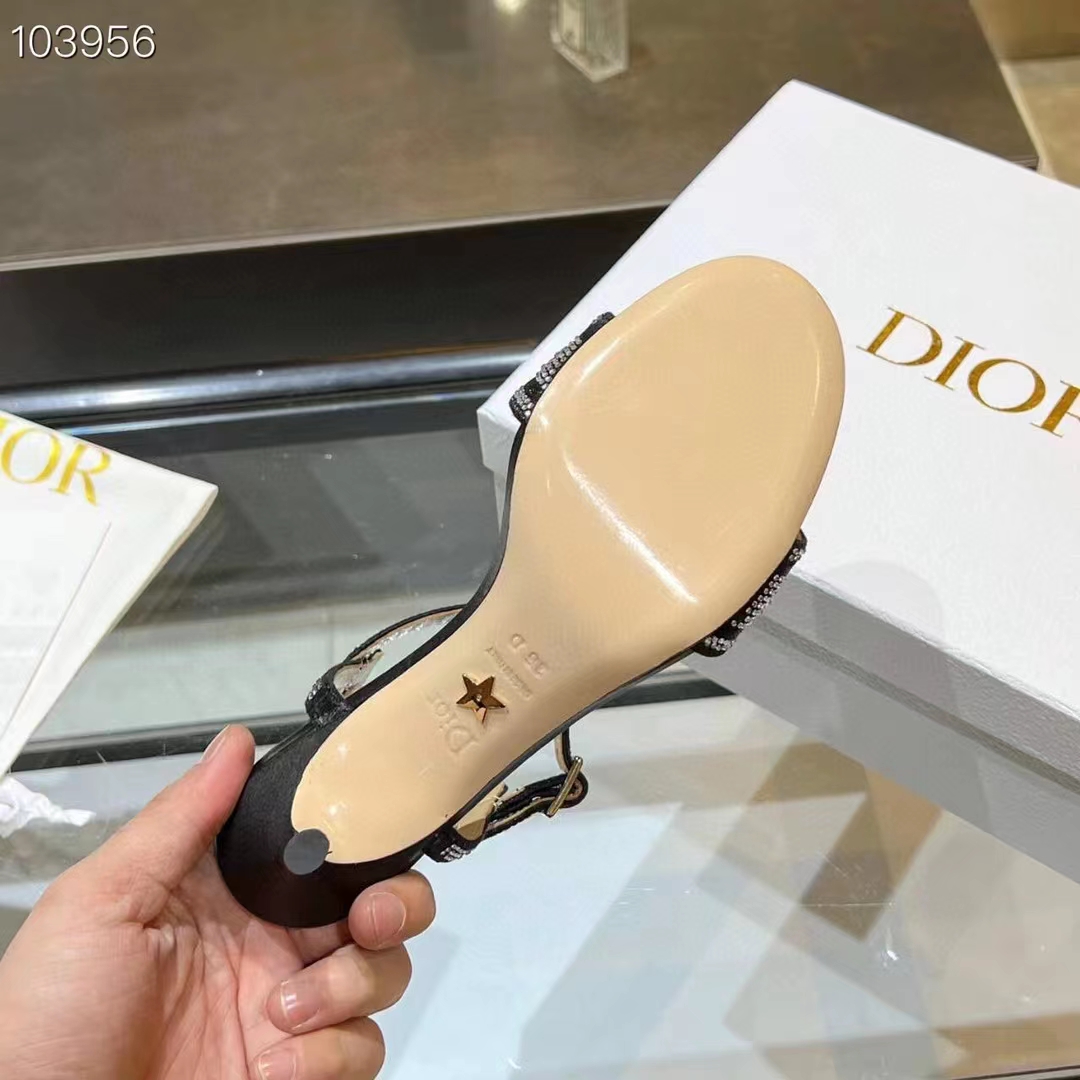 Dior Women CD Dway Heeled Sandal Black Cotton Embroidered Thread Silver-Tone Strass