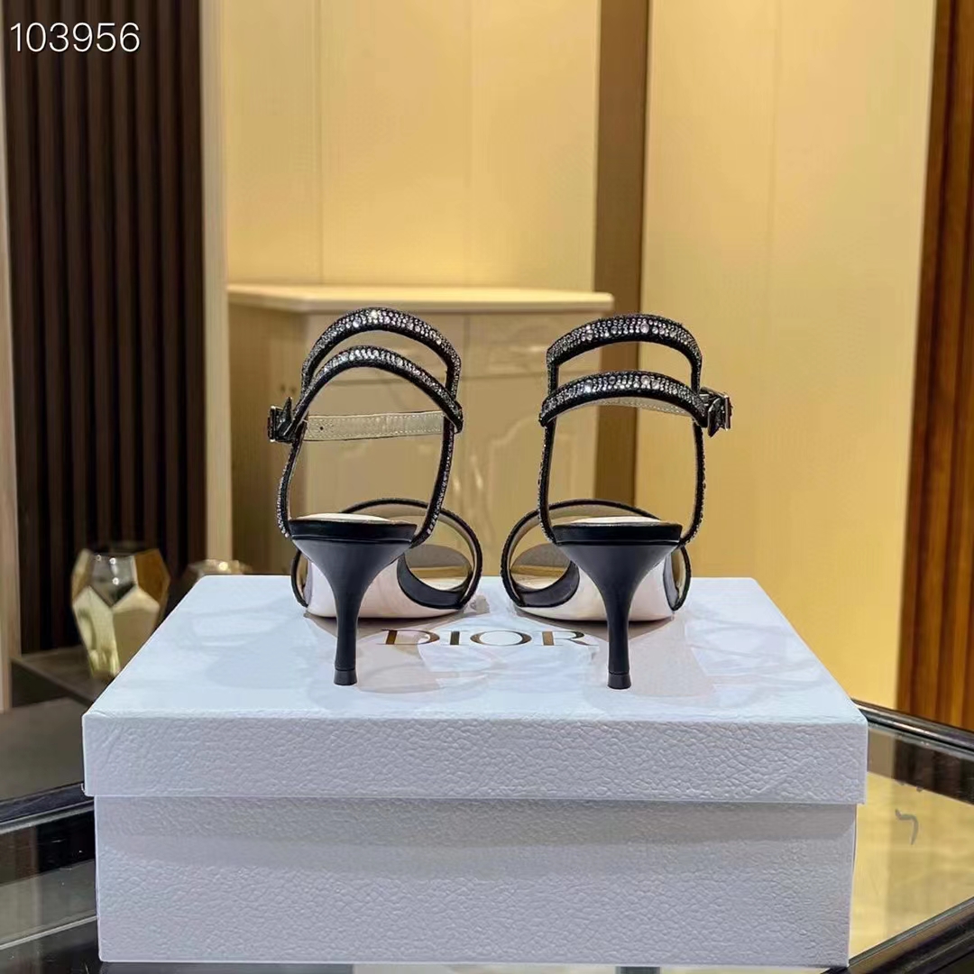 Dior Women CD Dway Heeled Sandal Black Cotton Embroidered Thread Silver-Tone Strass