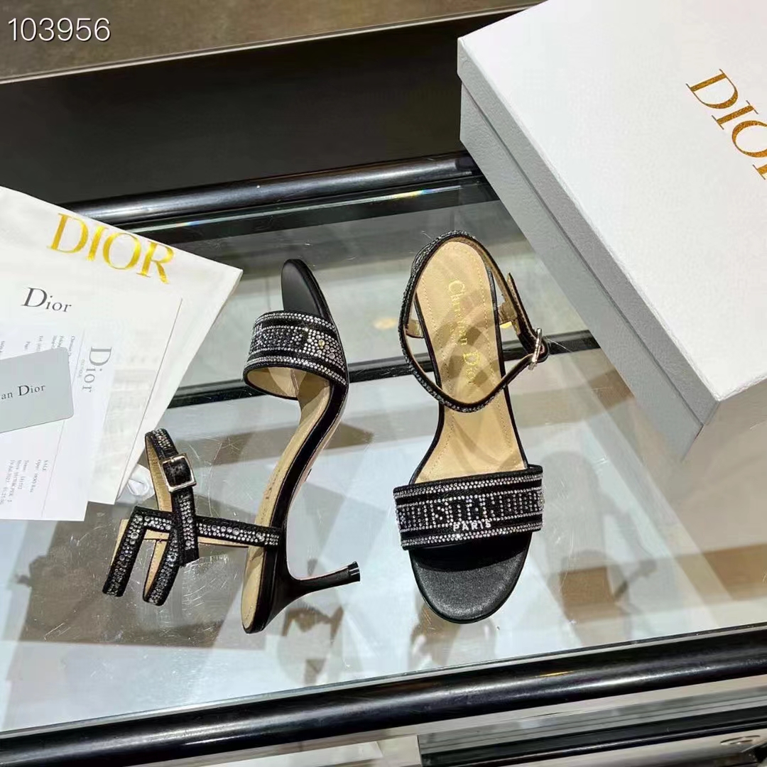 Dior Women CD Dway Heeled Sandal Black Cotton Embroidered Thread Silver-Tone Strass