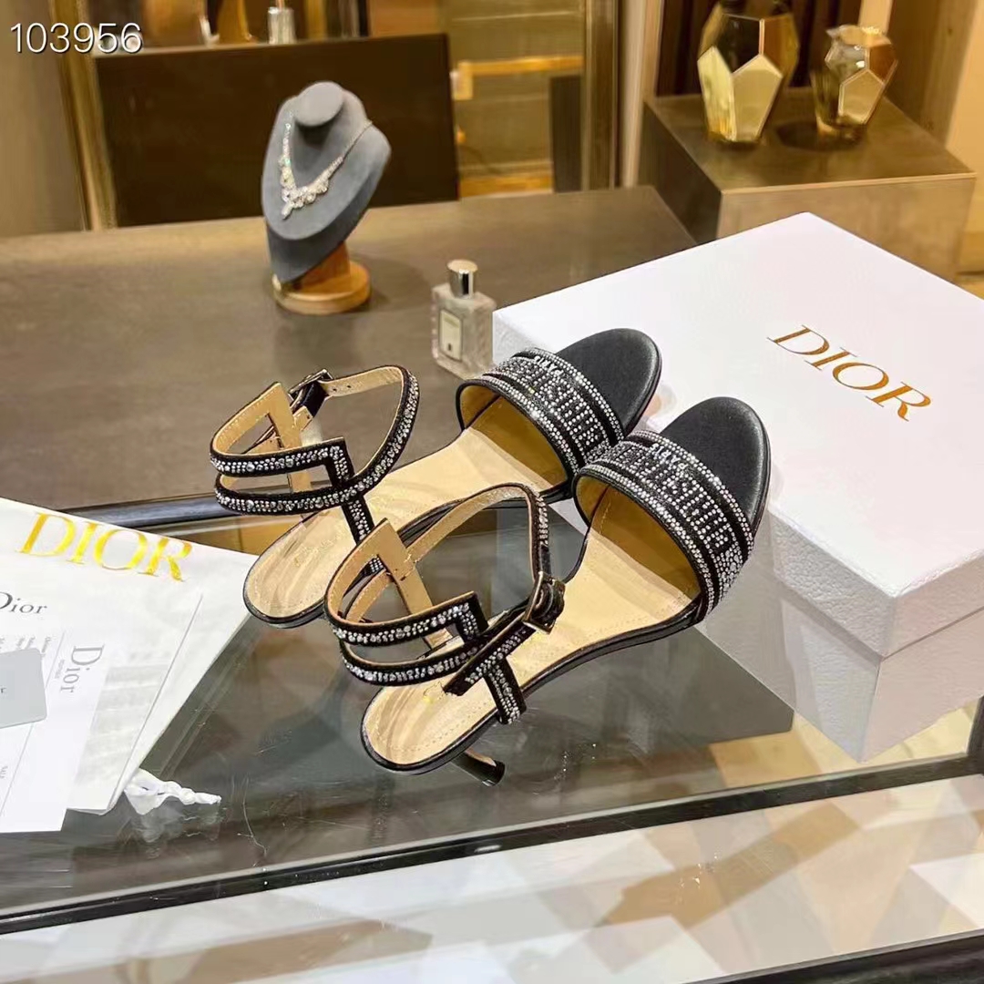 Dior Women CD Dway Heeled Sandal Black Cotton Embroidered Thread Silver-Tone Strass