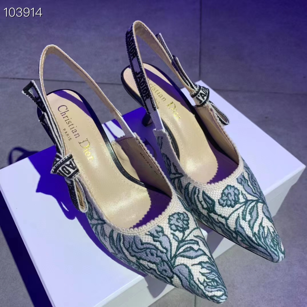 Dior Women CD J’Adior Slingback Pump Duck Blue Brocart Embroidered Cotton Metallic Thread