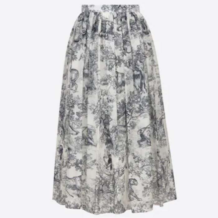 Dior Women CD Mid-Length Skirt White Navy Blue Toile De Jouy Cotton Muslin