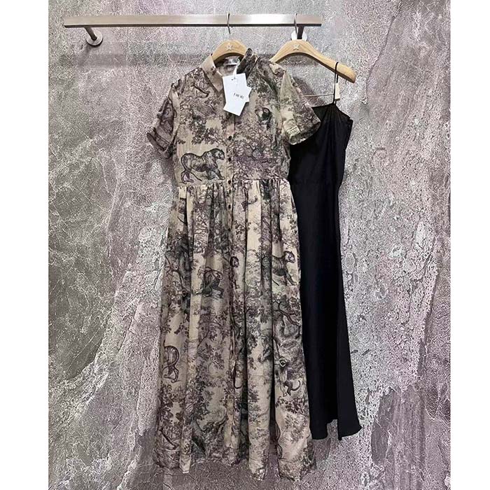 Dior Women CD Shirt Dress Hazelnut Cotton Voile Toile De Jouy Motif