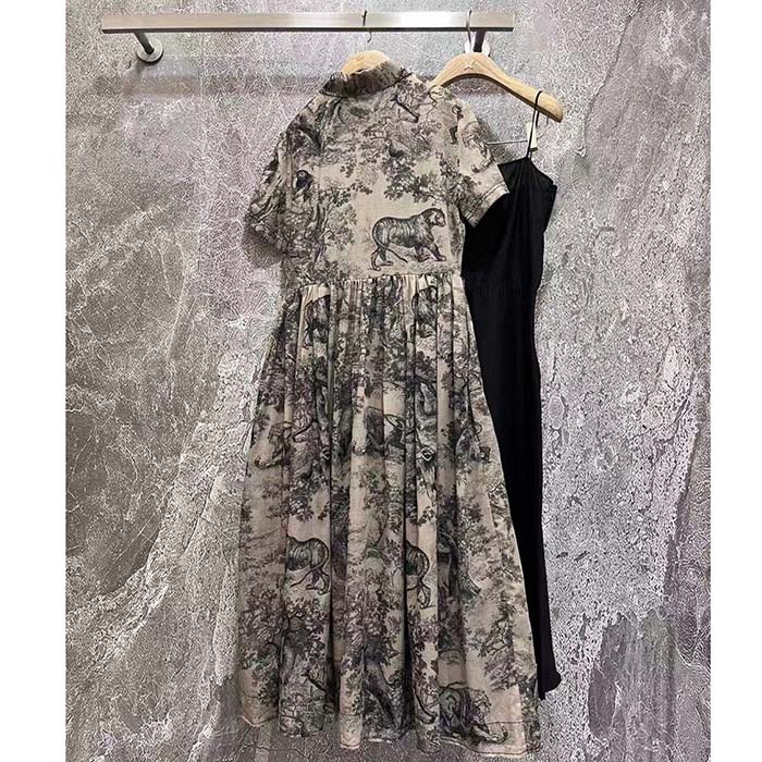 Dior Women CD Shirt Dress Hazelnut Cotton Voile Toile De Jouy Motif