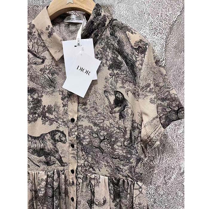 Dior Women CD Shirt Dress Hazelnut Cotton Voile Toile De Jouy Motif