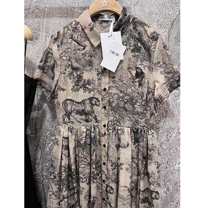 Dior Women CD Shirt Dress Hazelnut Cotton Voile Toile De Jouy Motif