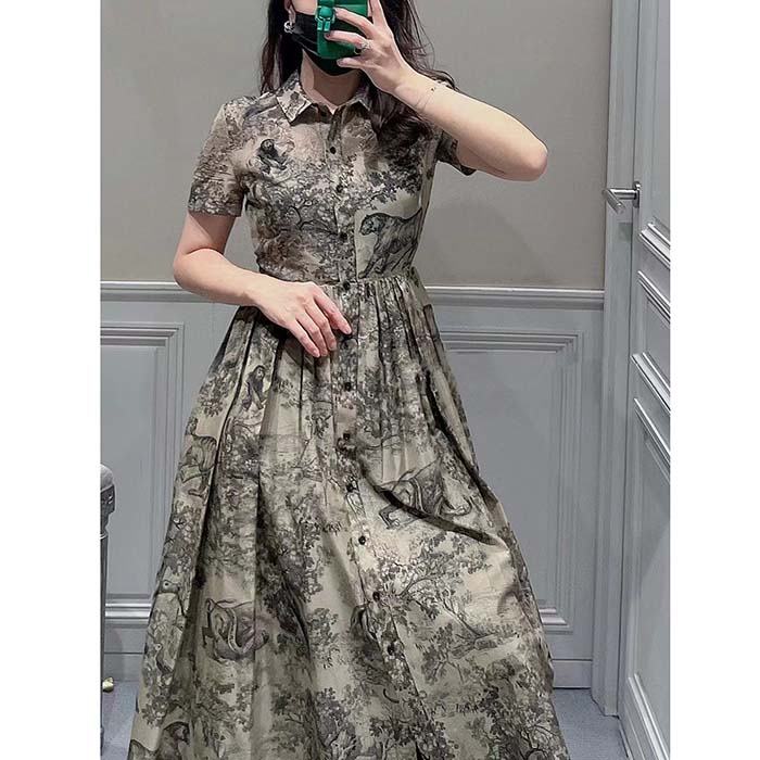 Dior Women CD Shirt Dress Hazelnut Cotton Voile Toile De Jouy Motif