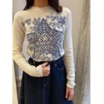 Dior Women CD Sweater Ecru Cashmere Knit Blue Dior Sevilla Star Motif - Image 9
