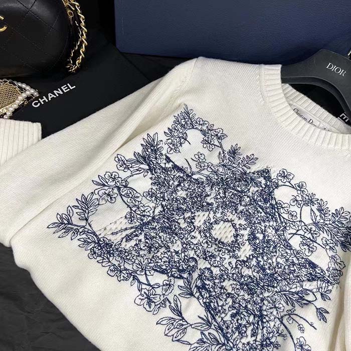 Dior Women CD Sweater Ecru Cashmere Knit Blue Dior Sevilla Star Motif (2)