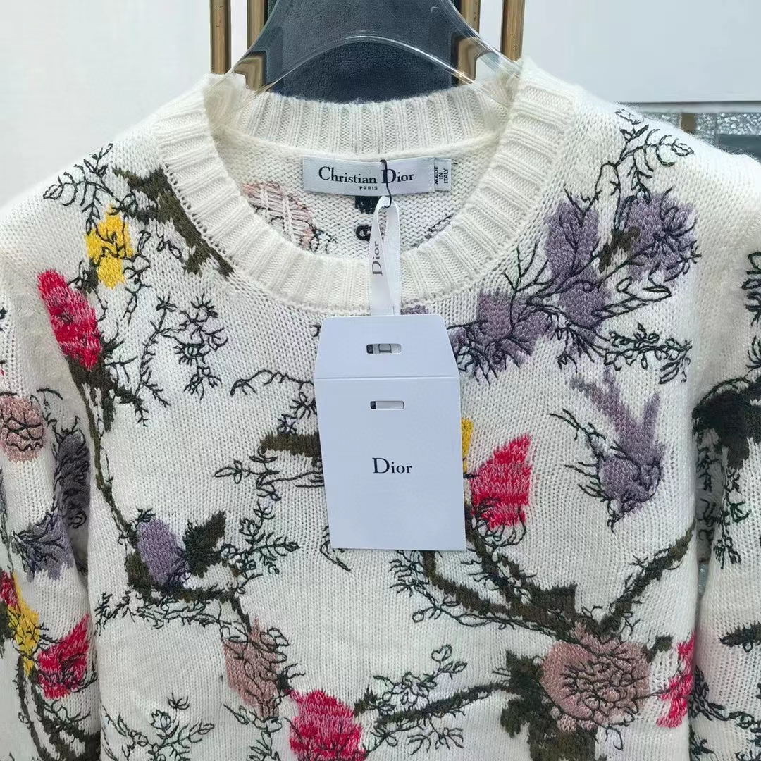 Dior Women CD Sweater Ecru Cashmere Knit Multicolor Dior Jardin Botanique Motif (14)