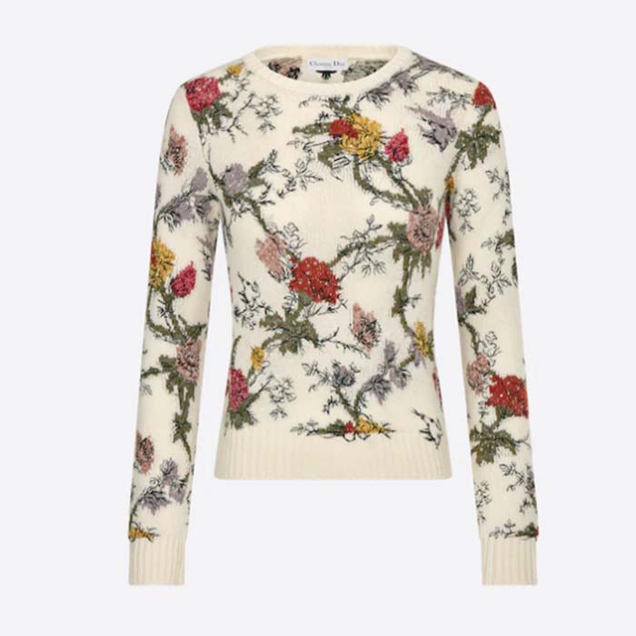 Dior Women CD Sweater Ecru Cashmere Knit Multicolor Dior Jardin Botanique Motif
