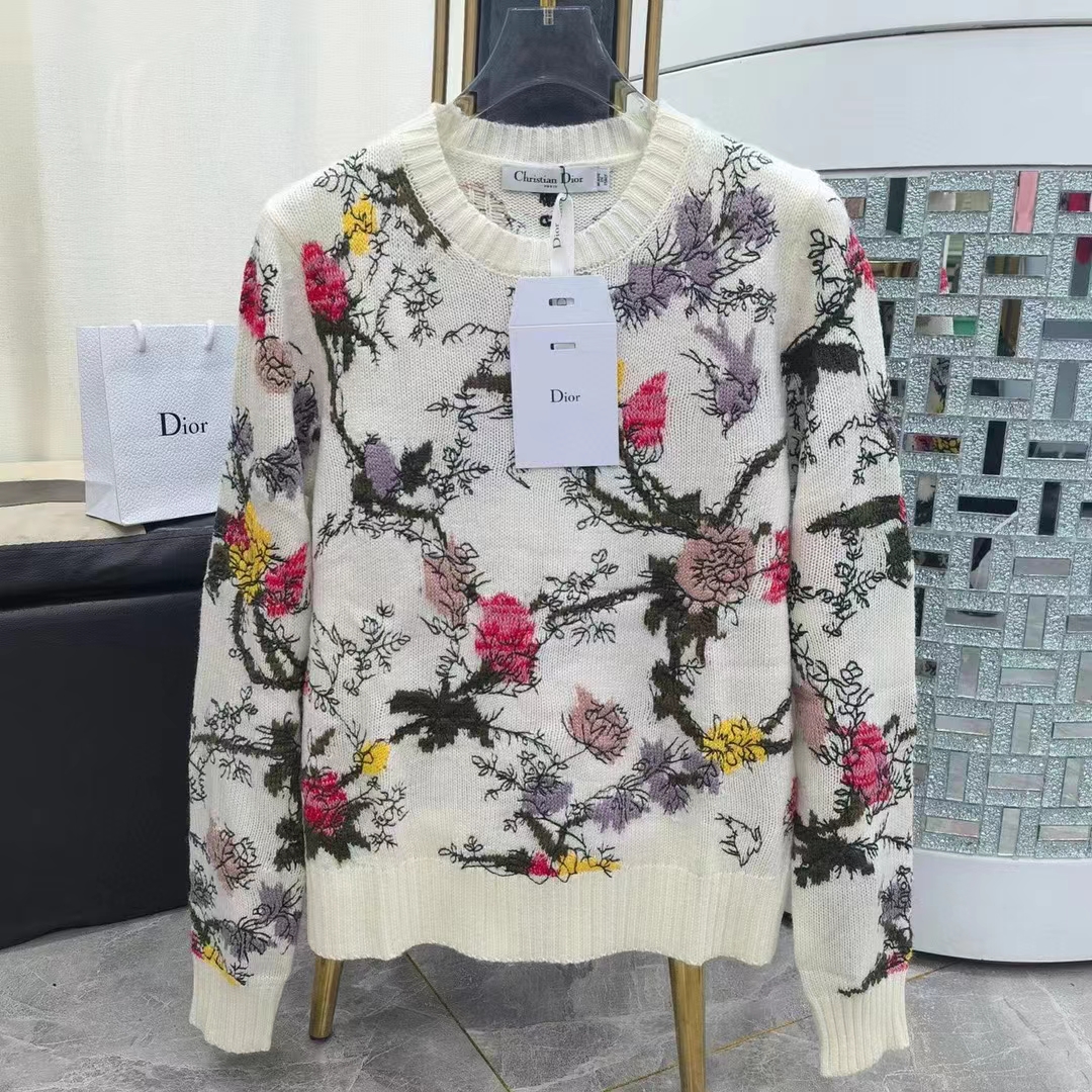 Dior Women CD Sweater Ecru Cashmere Knit Multicolor Dior Jardin Botanique Motif (7)