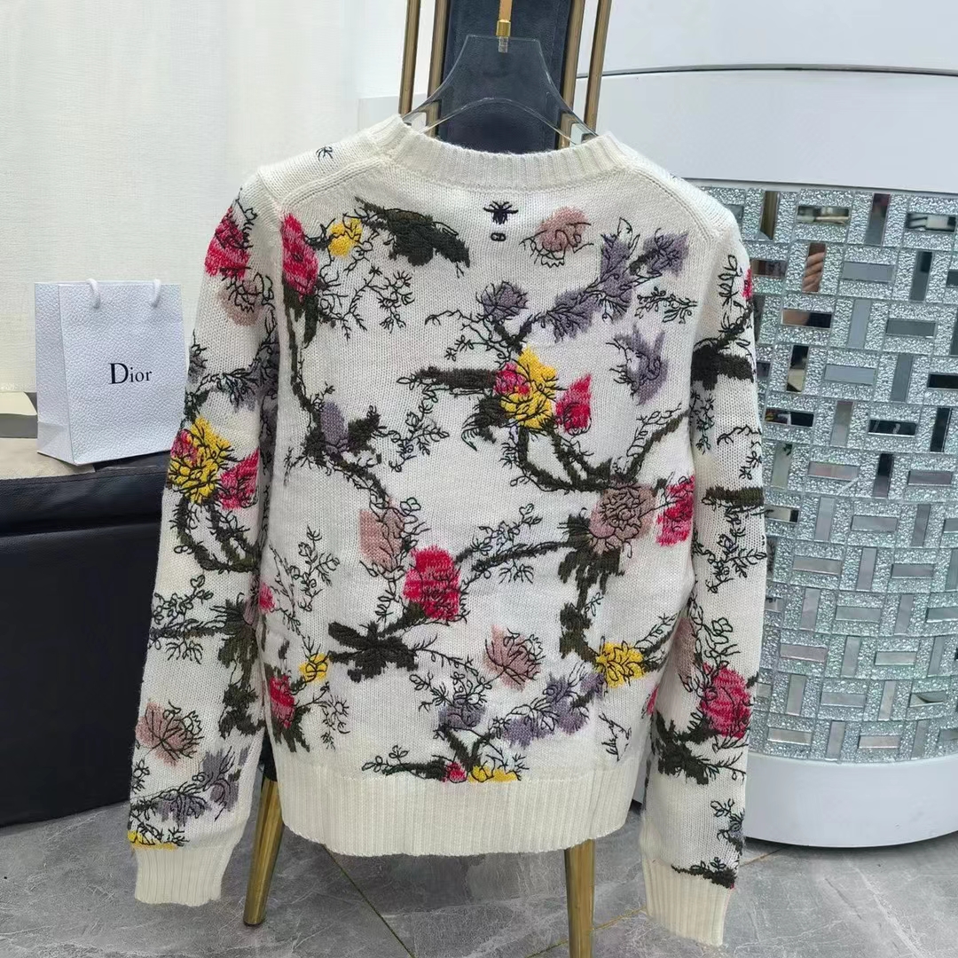 Dior Women CD Sweater Ecru Cashmere Knit Multicolor Dior Jardin Botanique Motif (8)