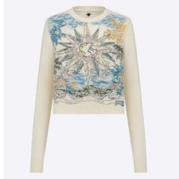 Dior Women CD Sweater Ecru Cashmere Knit Multicolor Rêve D'Infini Motif