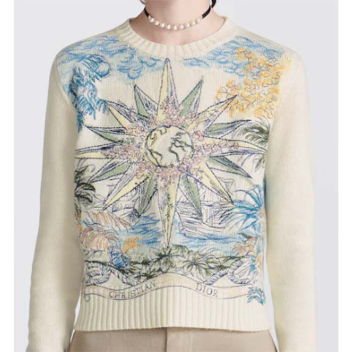 Dior Women CD Sweater Ecru Cashmere Knit Multicolor Rêve D’Infini Motif (13)