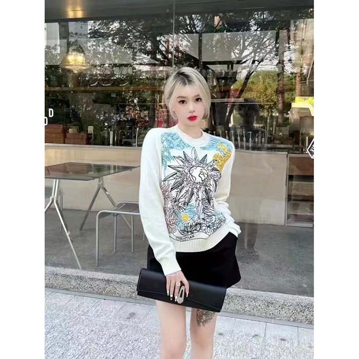 Dior Women CD Sweater Ecru Cashmere Knit Multicolor Rêve D’Infini Motif