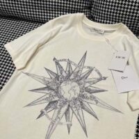 Dior Women CD T-Shirt Ecru Cotton Jersey Linen Blue Rêve D’Infini Motif (1)