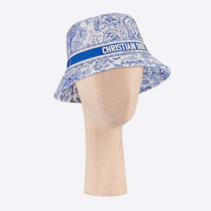 Dior Women CD Toile de Jouy Sauvage Small Brim Bucket Hat Vory Fluorescent Blue Technical Fabric