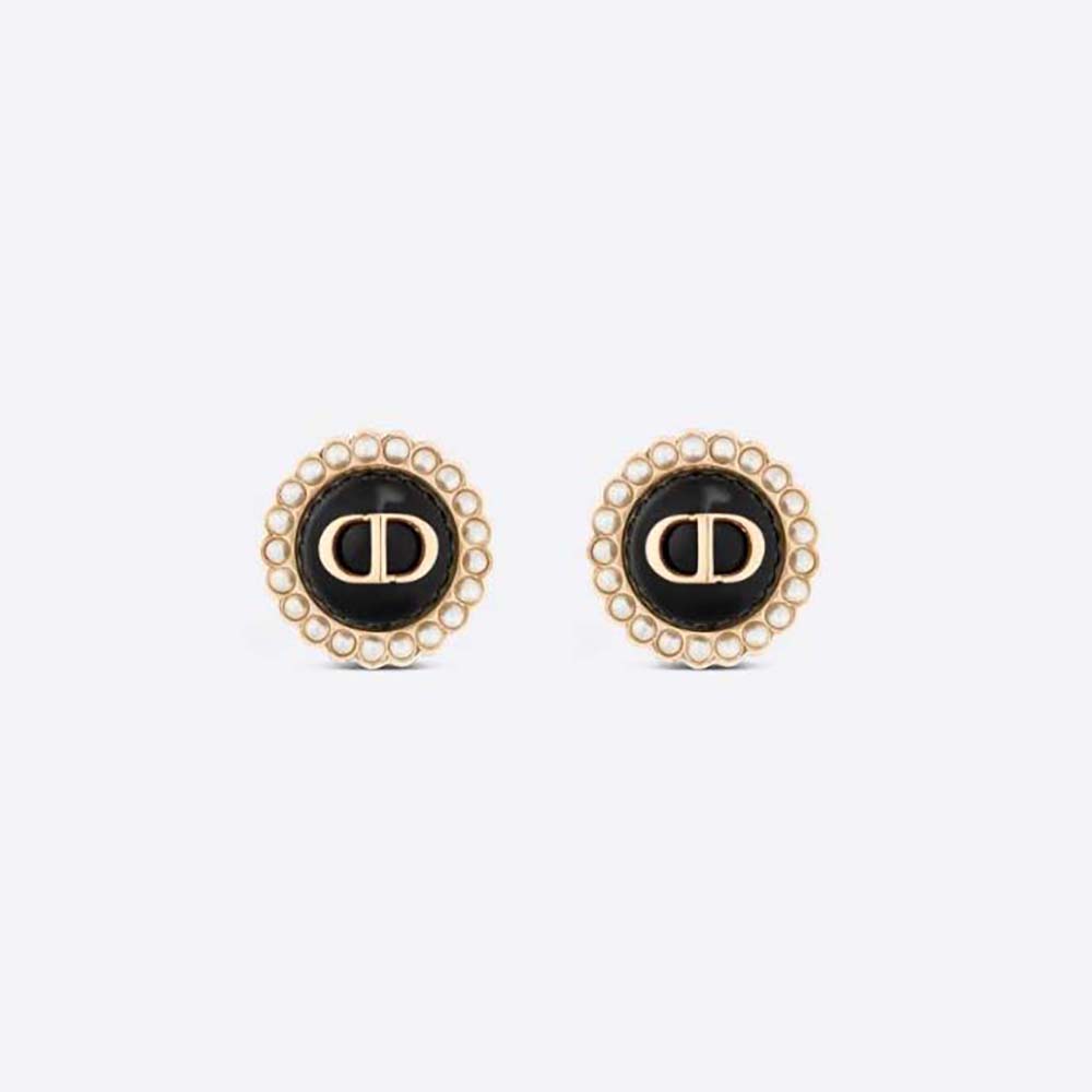 Dior Women Petit CD Studs Earrings Gold-Finish Metal and White Resin Pearls with Black Glass (1)