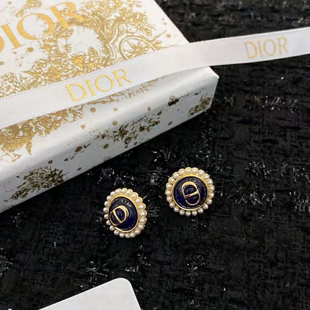Dior Women Petit CD Studs Earrings Gold-Finish Metal and White Resin Pearls with Black Glass (3)