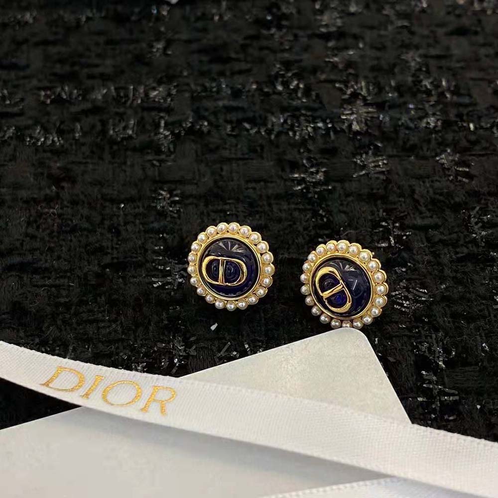 Dior Women Petit CD Studs Earrings Gold-Finish Metal and White Resin Pearls with Black Glass (4)
