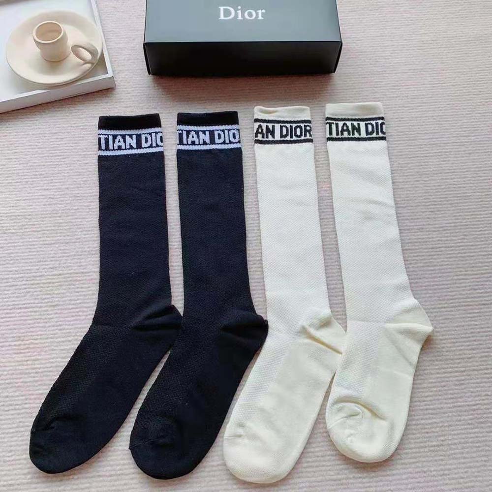 Dior Women Sporty High Socks White Black and Royal Blue Cotton (7)