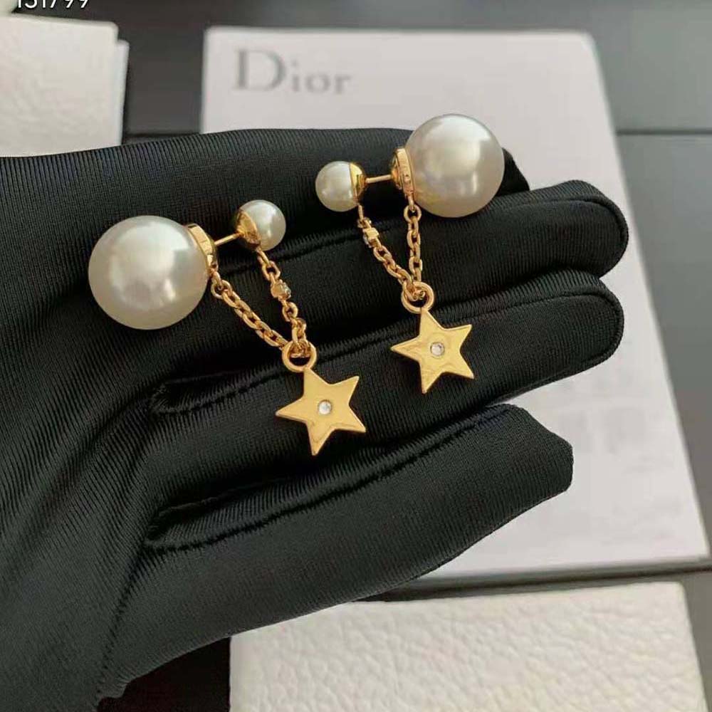 Dior Women Tribales Earrings Gold-Finish Metal with White Resin Pearls and White Crystals