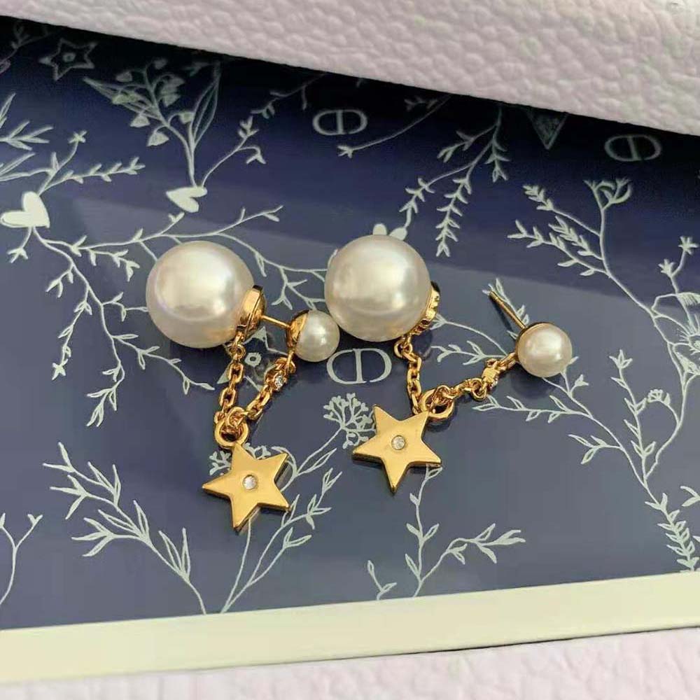 Dior Women Tribales Earrings Gold-Finish Metal with White Resin Pearls and White Crystals