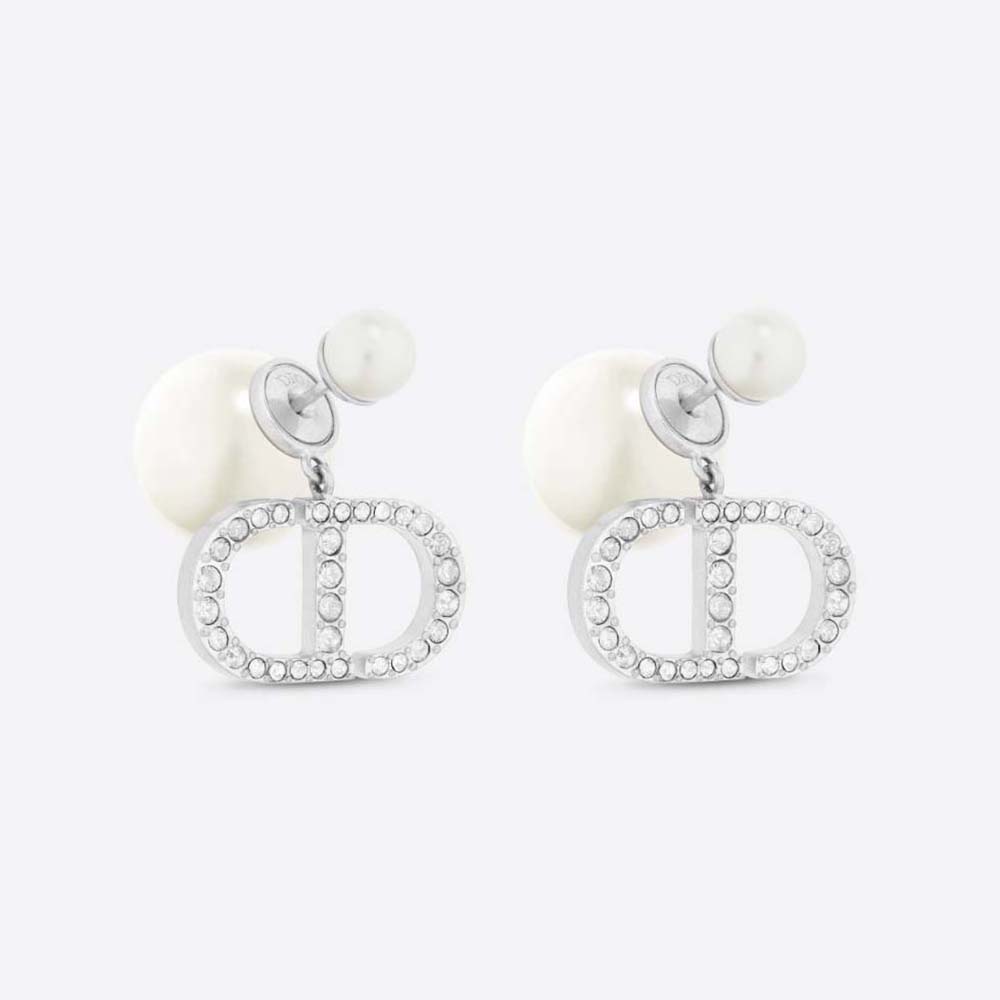 Dior Women Tribales Earrings Silver-Finish Metal with White Resin Pearls and Silver-Tone Crystals