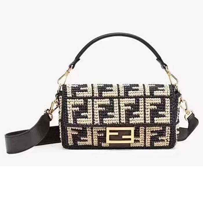 Fendi Women FF Baguette Black Raffia Back Crocheted FF