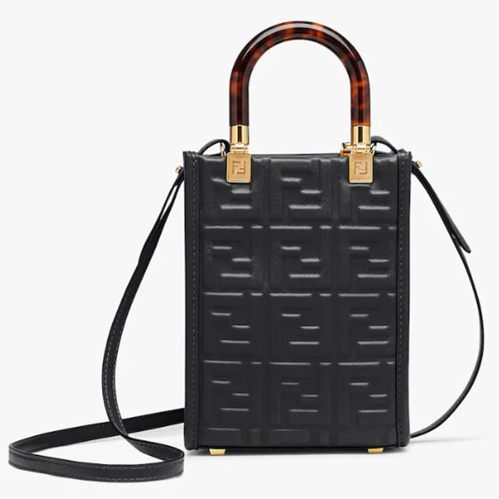 Fendi Women FF Mini Sunshine Shopper Black Leather Mini Bag