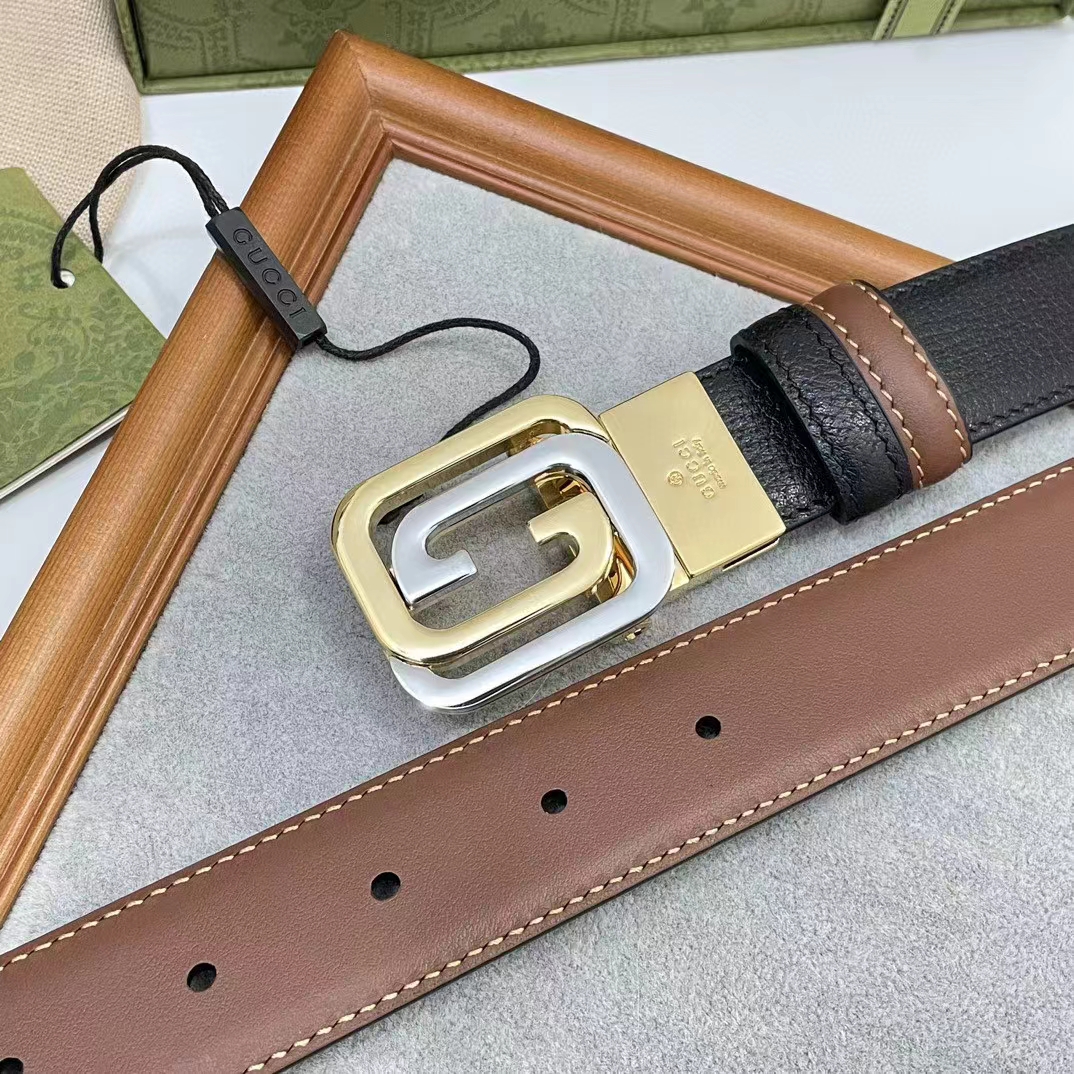 Gucci GG Unisex Belt Squared Interlocking G Buckle Black Leather 30 MM Width (2)