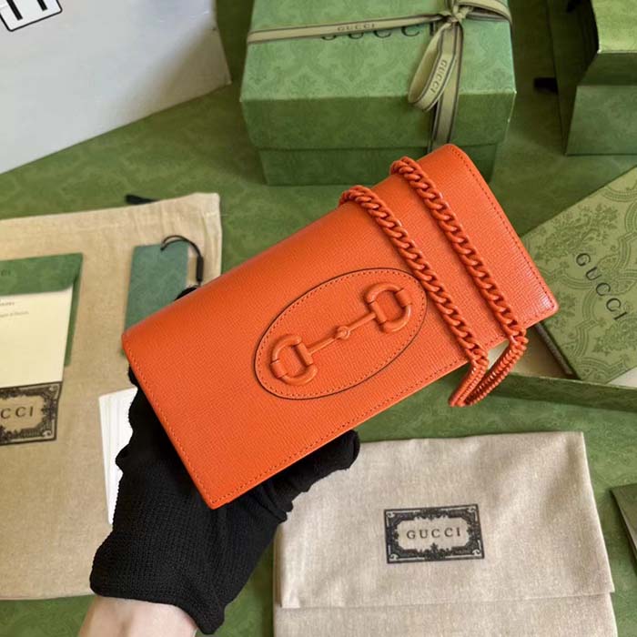 Gucci GG Women Horsebit 1955 Wallet Chain Orange Leather Orange Brass Hardware (1)